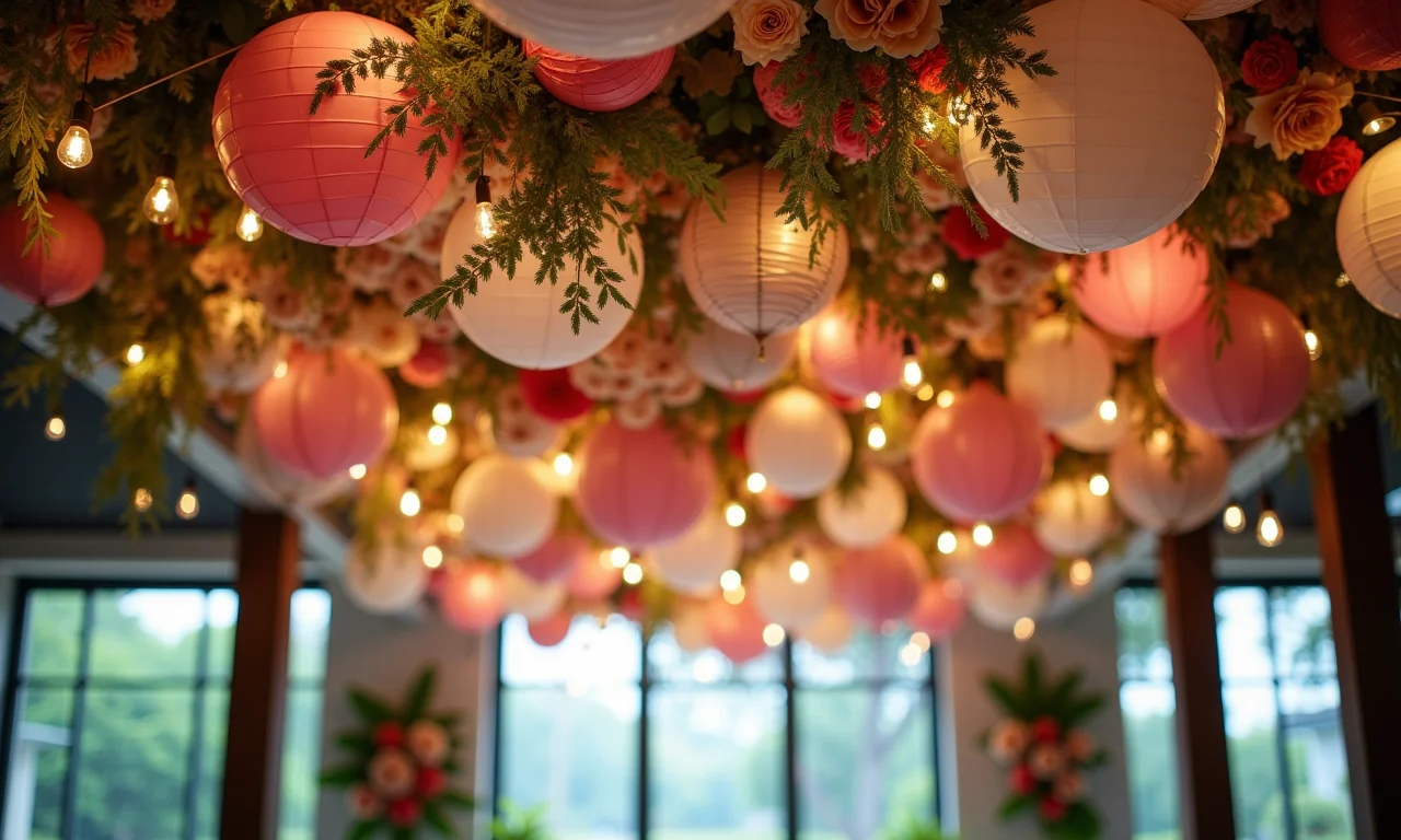 Decoração aérea com elementos mistos: flores, luzes, tecidos e balões.