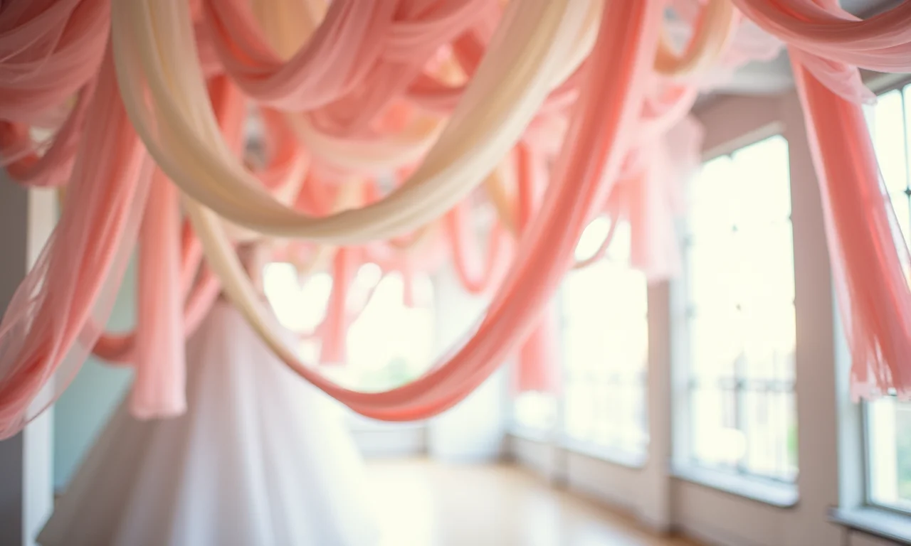 Decoração aérea com tecidos esvoaçantes em cores pastel.