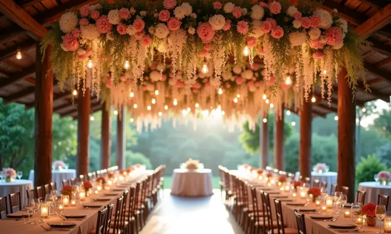 Decoração aérea elegante para recepção de casamento com flores e iluminação suave.