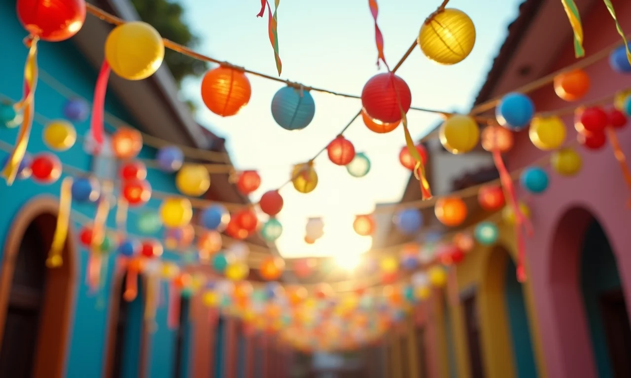 Decoração aérea festiva com guirlandas e festões em cores vibrantes.