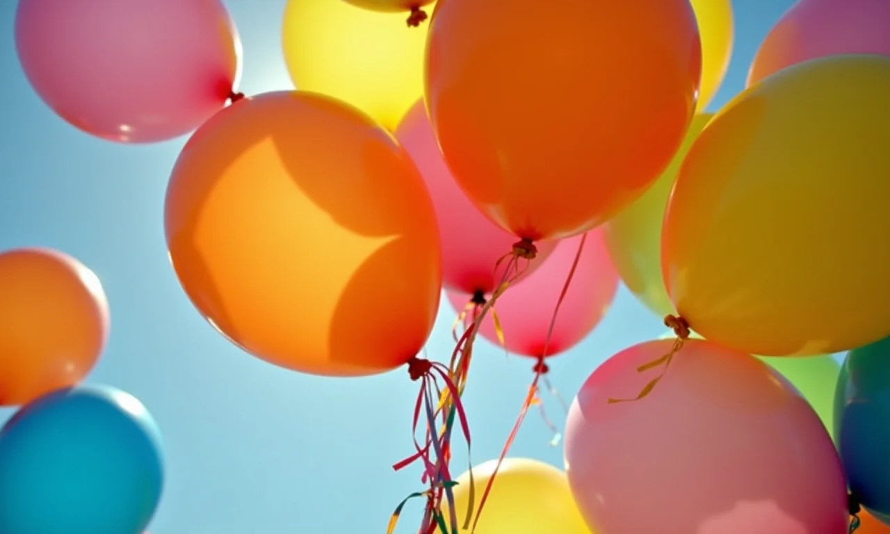 Decoração aérea lúdica com balões coloridos de diferentes tamanhos.