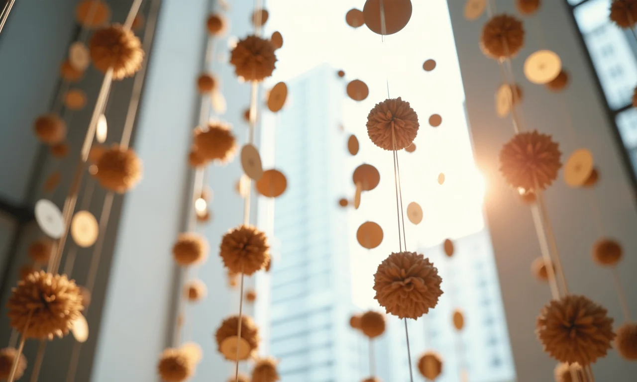 Decoração aérea moderna com formas geométricas e detalhes metálicos.