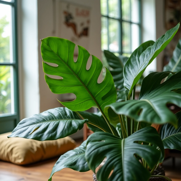 Decoração com folhagens de Costela de Adão em sala de estar iluminada e vibrante.