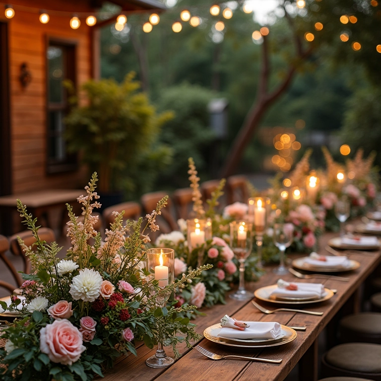 Decoração de casamento ao ar livre com arranjos florais e móveis rústicos.