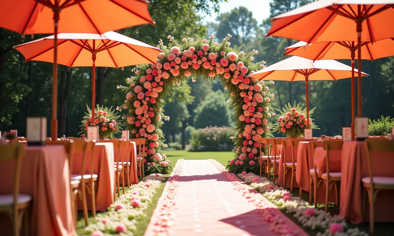 Decoração de casamento com ombrelones e arranjos florais.