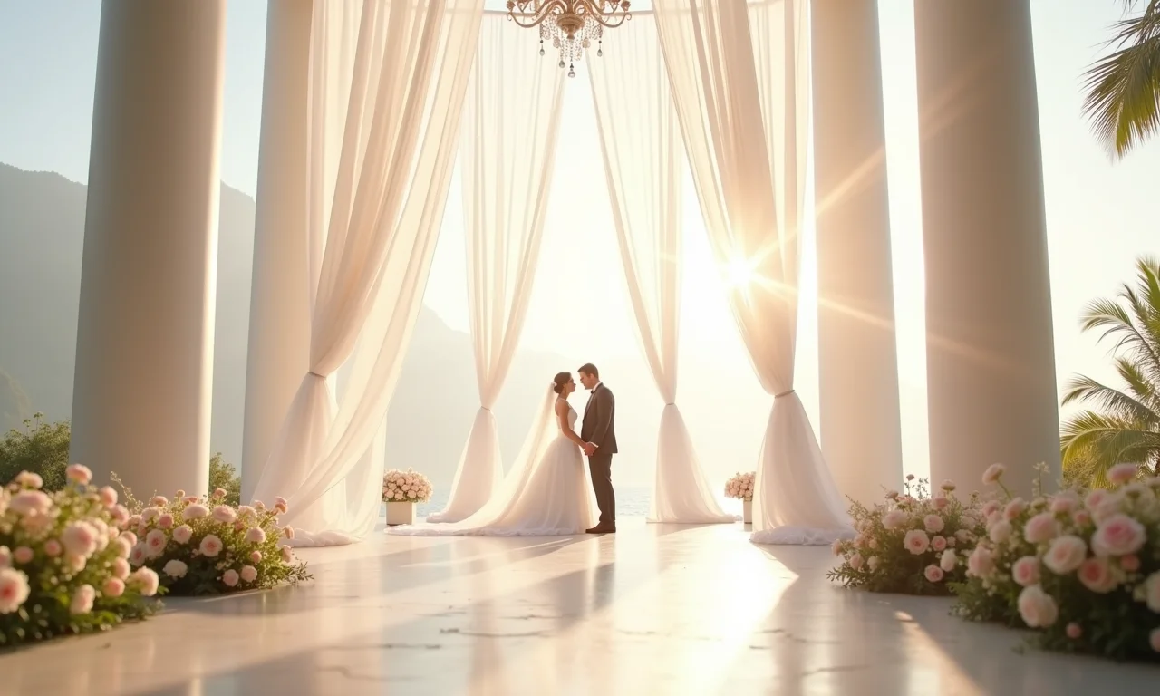 Decoração de casamento com voal branco, criando um ambiente leve e romântico.