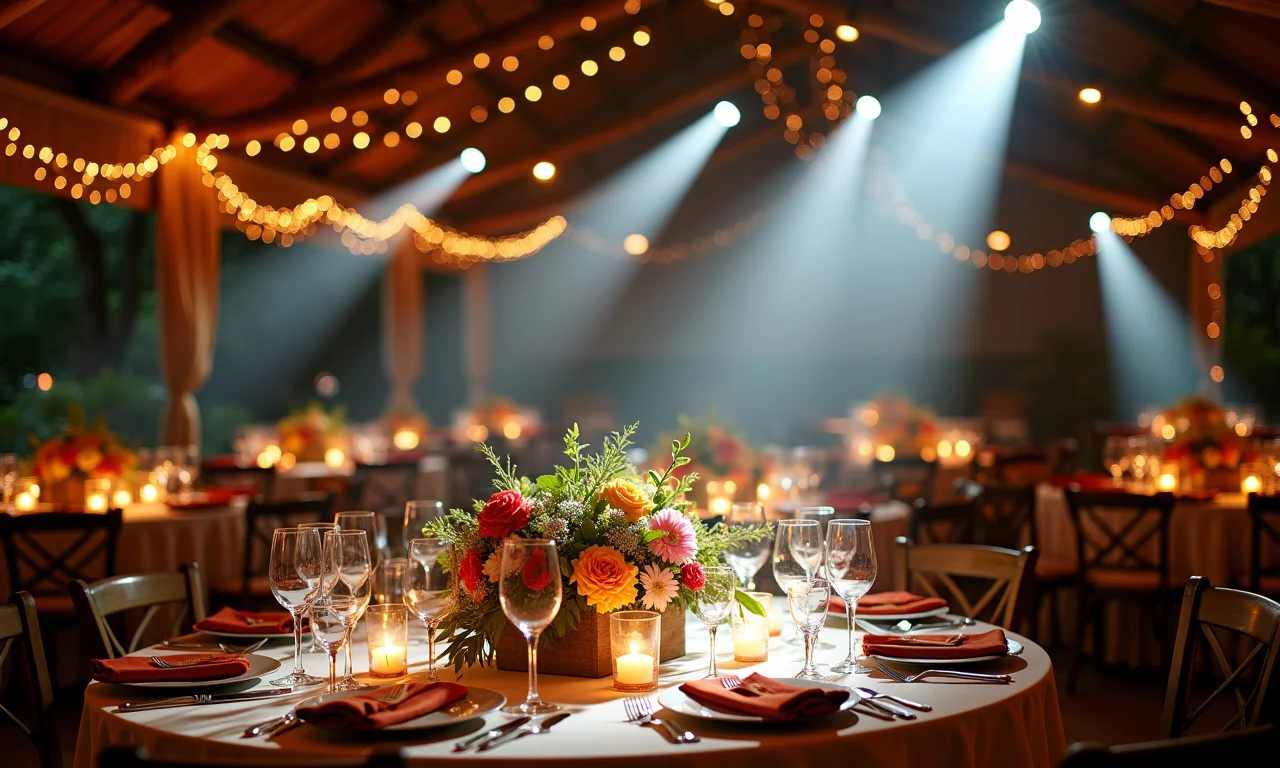 Decoração de casamento combinando canhões de luz e flores.