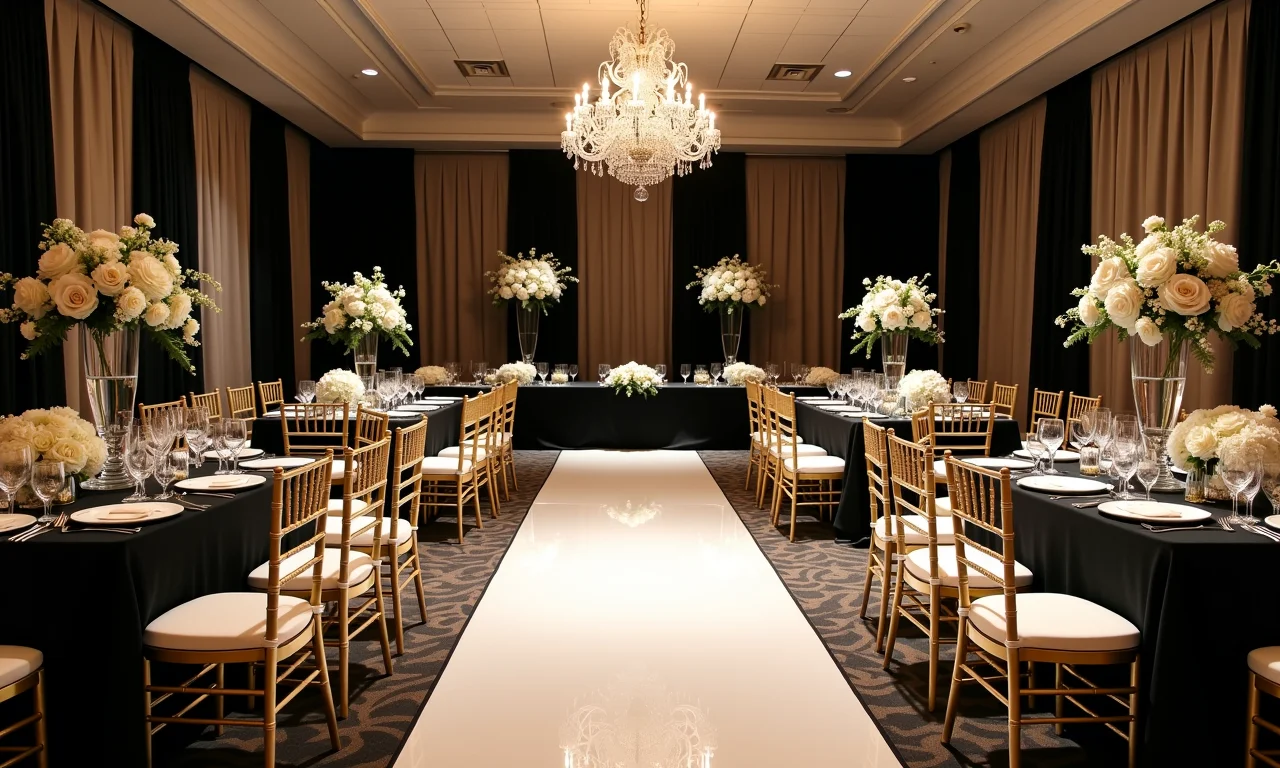 Decoração de casamento em preto e branco com toques de dourado em um salão de baile elegante.