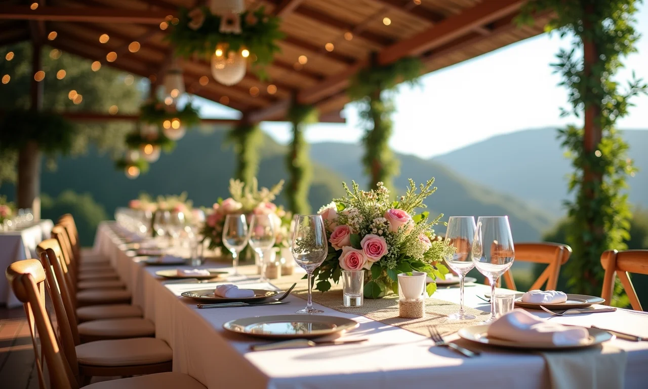 Decoração de casamento simples e elegante com flores naturais e toques brasileiros.