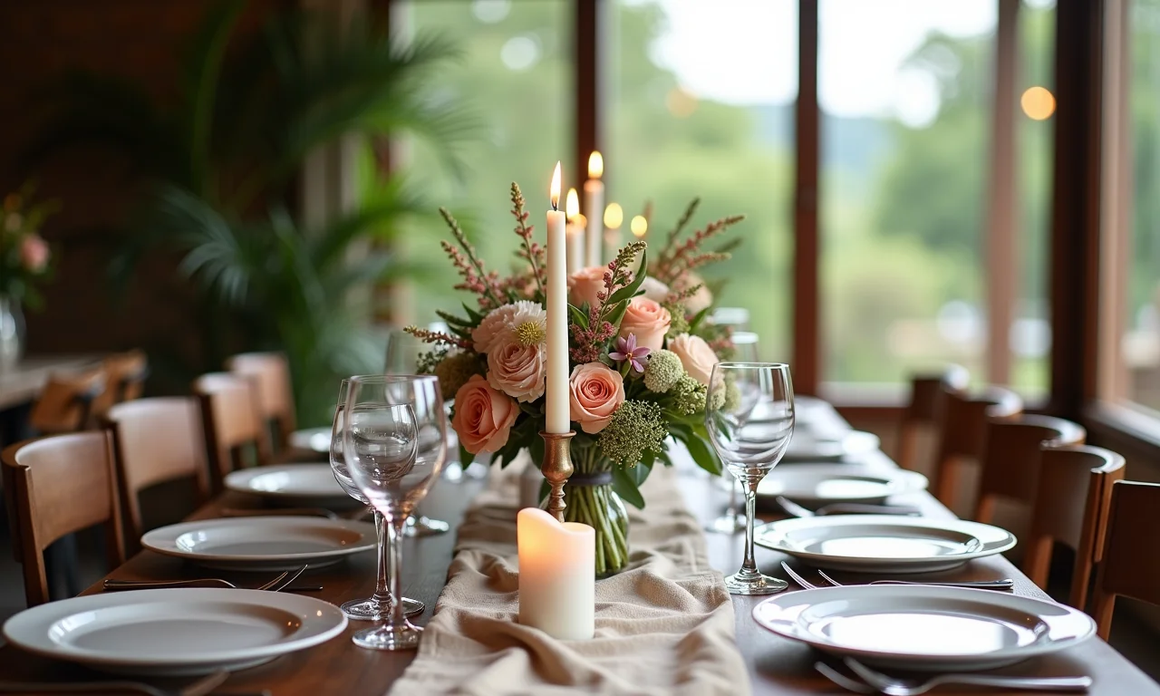 Decoração de mesa de casamento com flores e velas, estilo Farm Rio.
