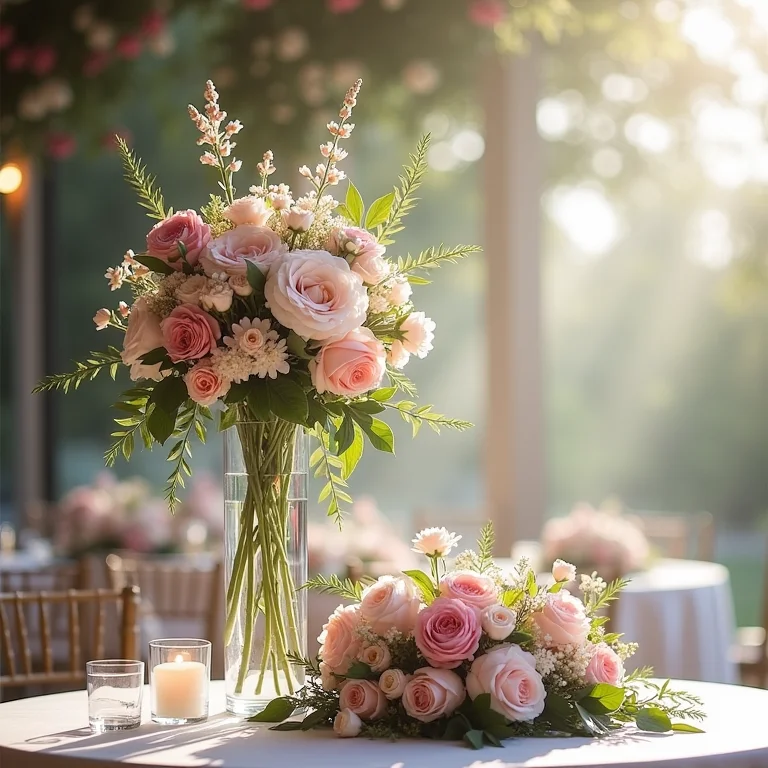 Decoração de mesa de casamento com peças centrais altas e baixas.