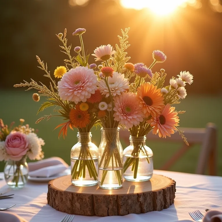 Decoração de mesa sustentável com flores silvestres e materiais naturais.