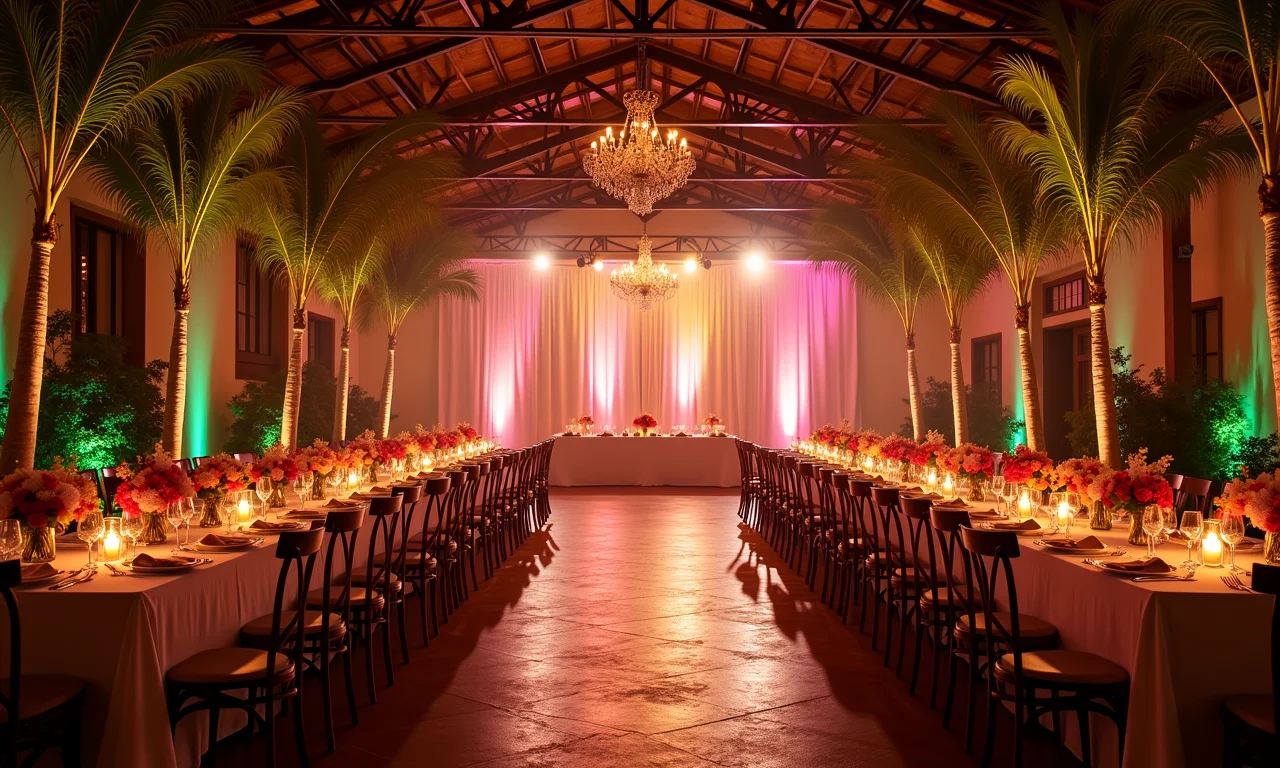 Decoração de recepção de casamento realçada por canhões de luz.