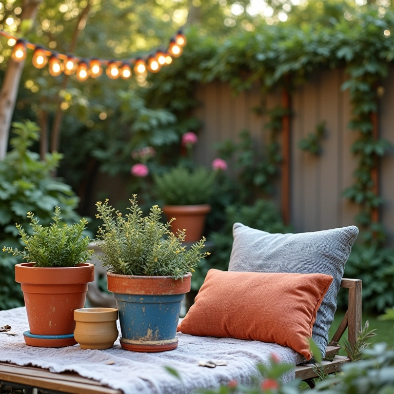 Decoração DIY ao ar livre com vasos pintados e almofadas feitas à mão.