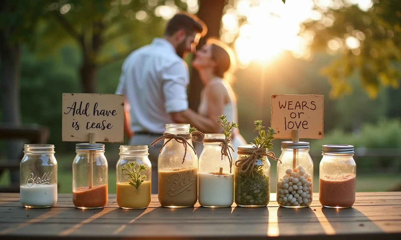 Decorações de casamento DIY (faça você mesmo): potes de vidro e placas artesanais.