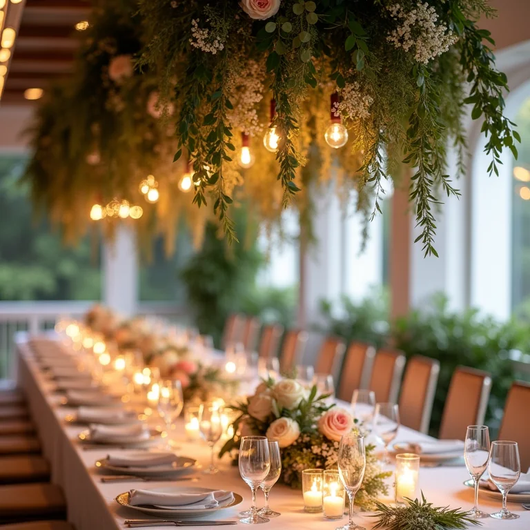Decorações suspensas florais em um casamento de luxo.