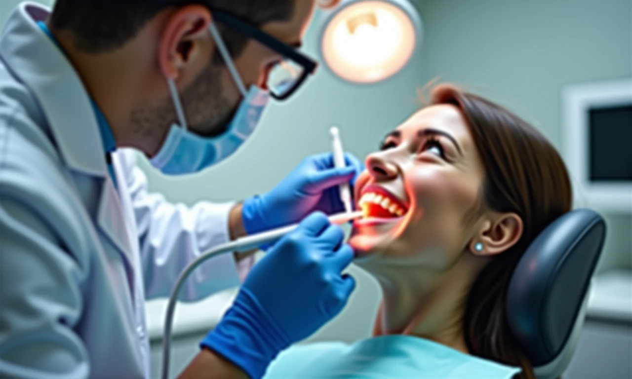 Dentista realizando clareamento dental em consultório.