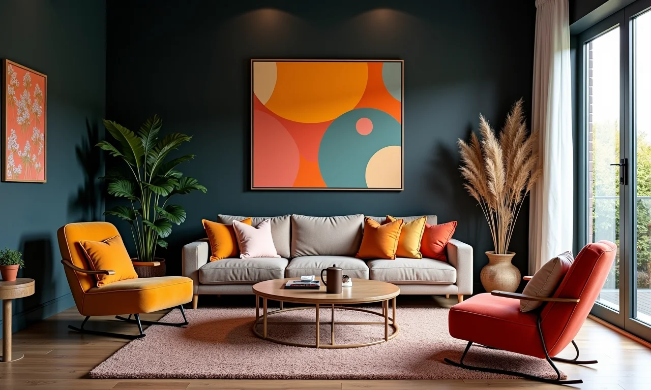 Design de interiores boho chic com paredes escuras.