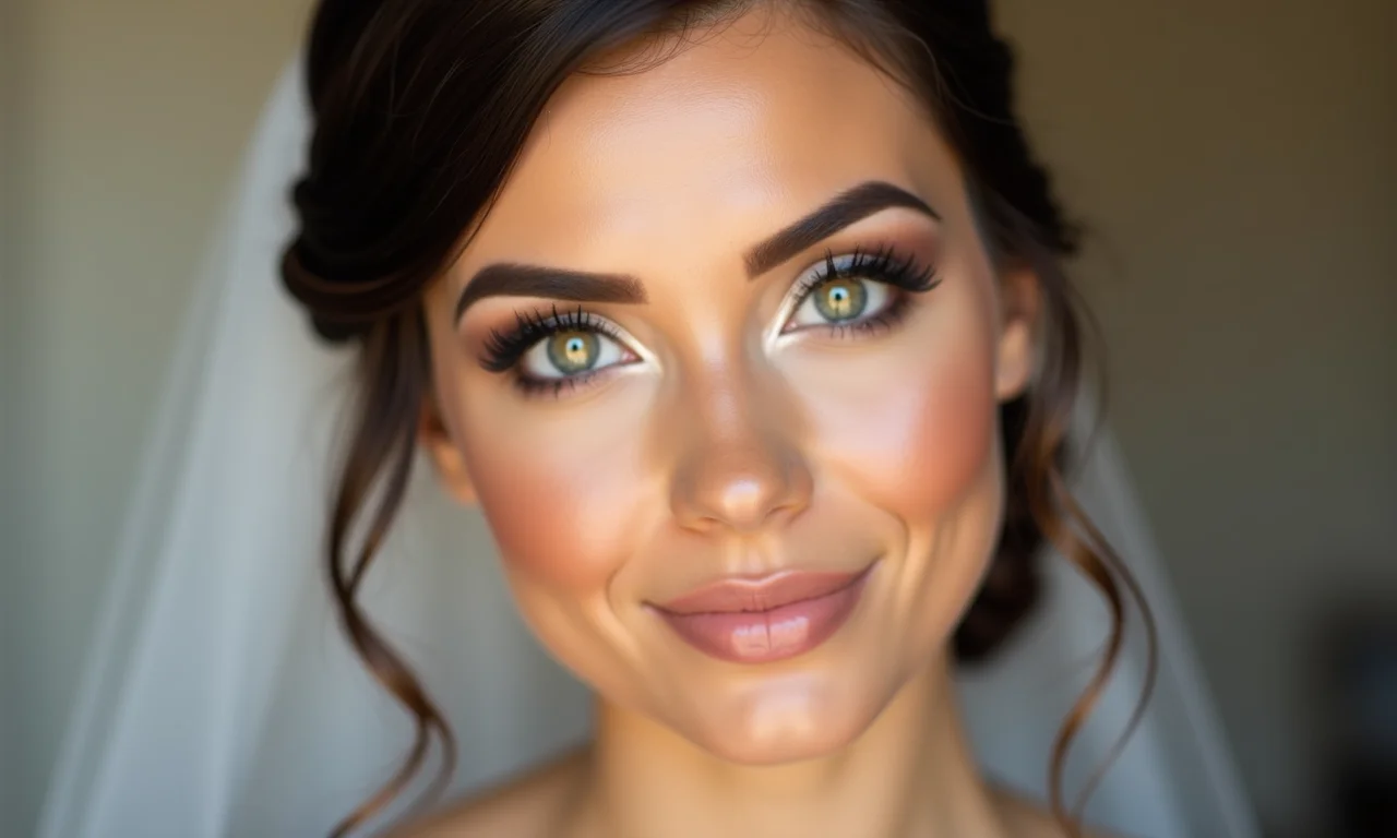 Design de sobrancelhas e maquiagem de noiva criando harmonia no visual.