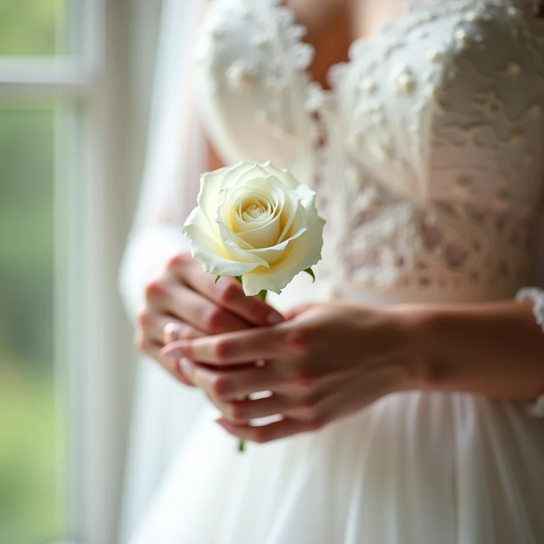 Detalhe da mão da noiva segurando uma rosa branca.