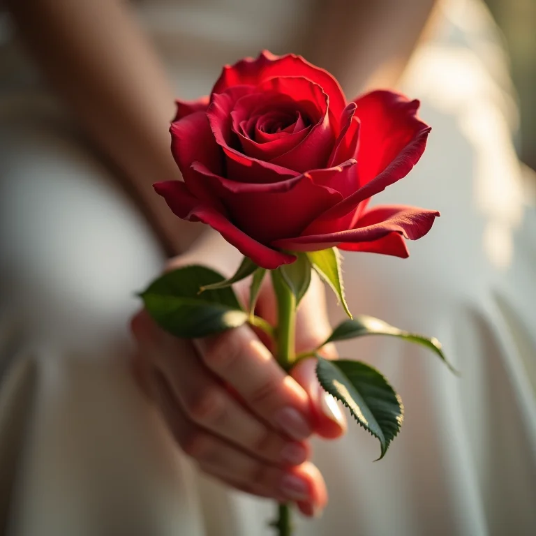 Detalhe da mão da noiva segurando uma rosa vermelha, foco na textura das pétalas.
