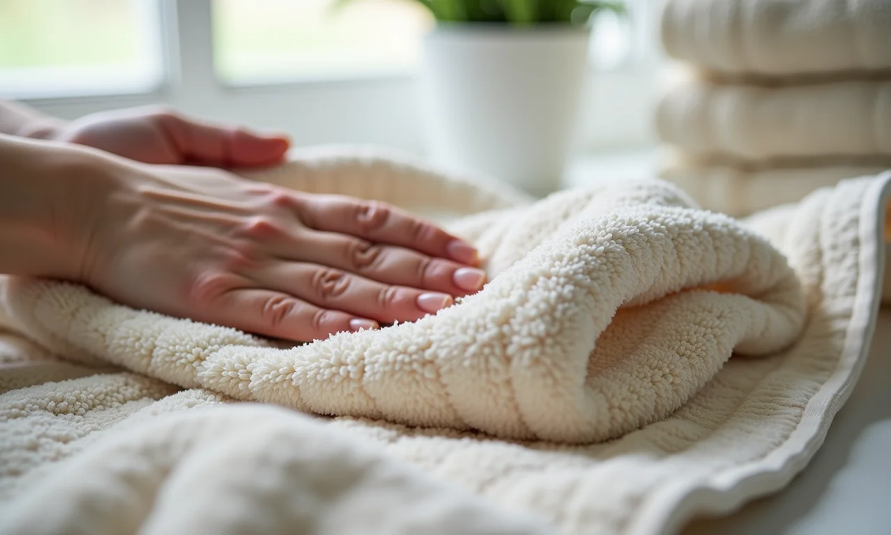 Detalhe da mão tocando toalha de jacquard, destacando a qualidade do algodão egípcio.