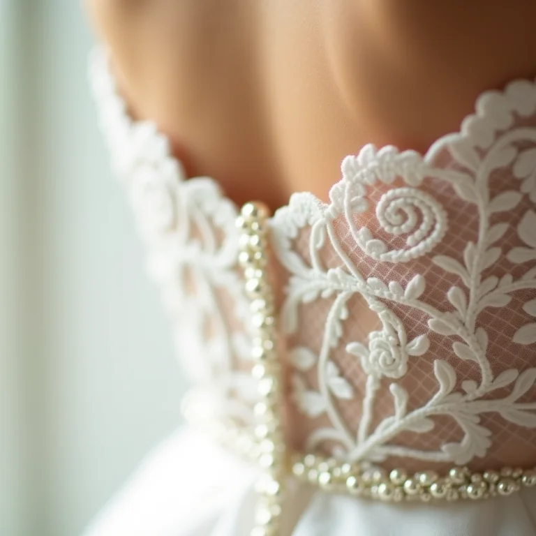 Detalhe da renda de um vestido de noiva sofisticado