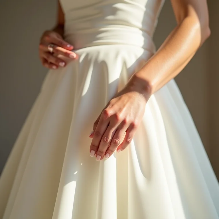 Detalhe da textura e cor de um vestido de noiva diferenciado.