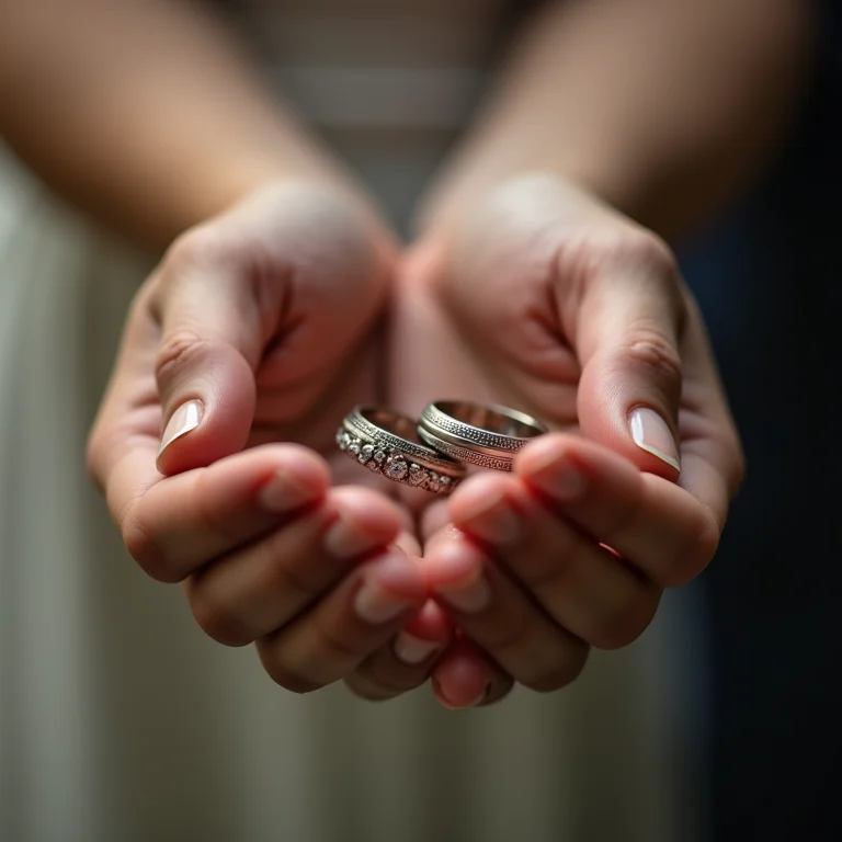 Detalhe das alianças como símbolo de amor duradouro.