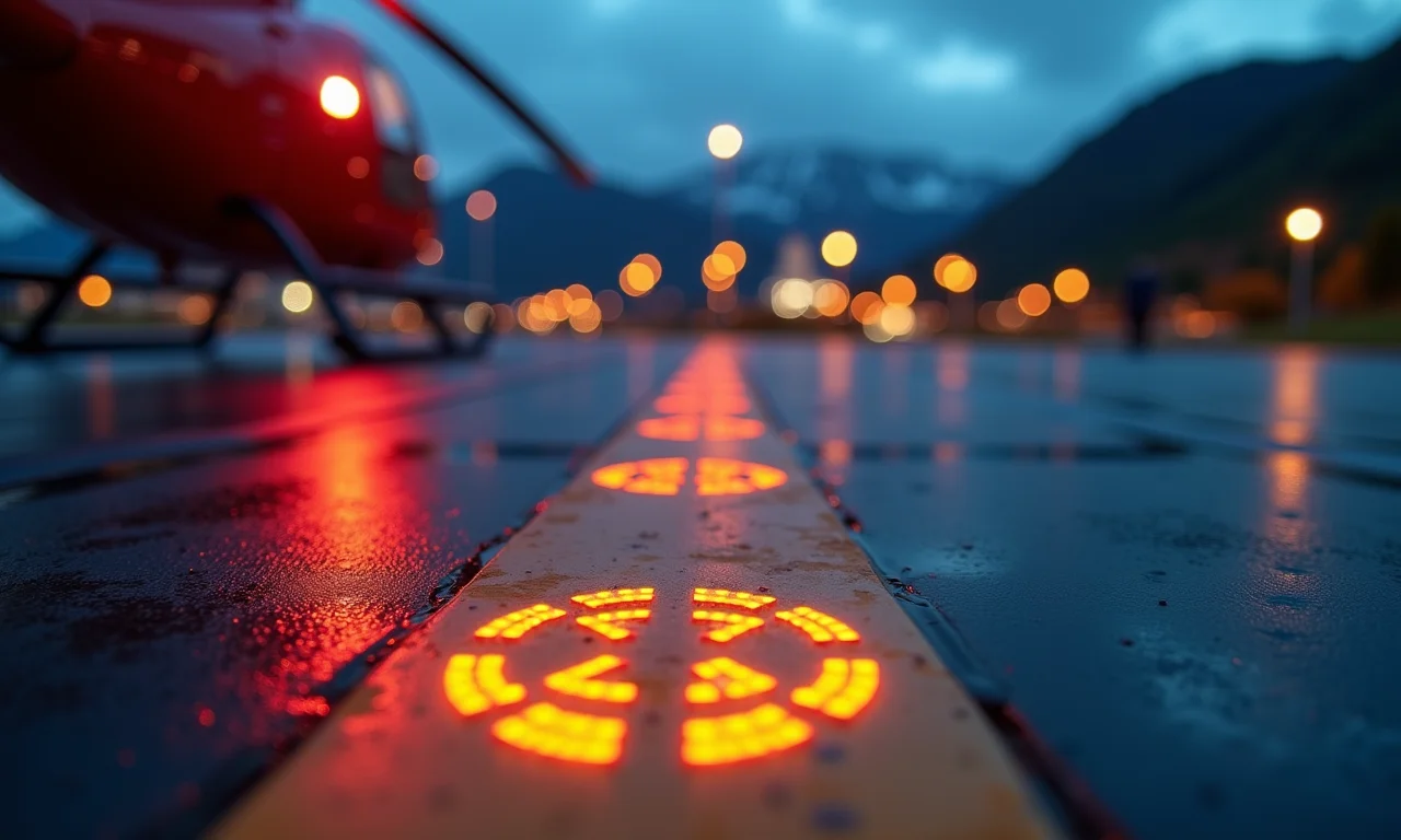 Detalhe das luzes de segurança e marcações de um heliponto.