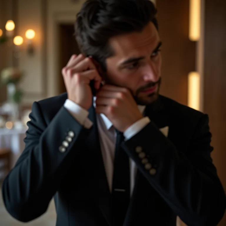 Detalhe das mãos de um segurança ajustando o fone em um casamento elegante