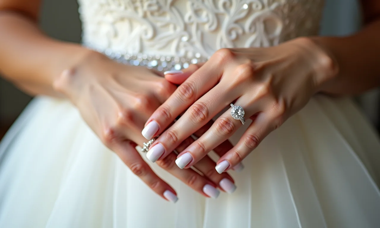 Detalhe das mãos de uma noiva com francesinha impecável e anel de diamante brilhante.