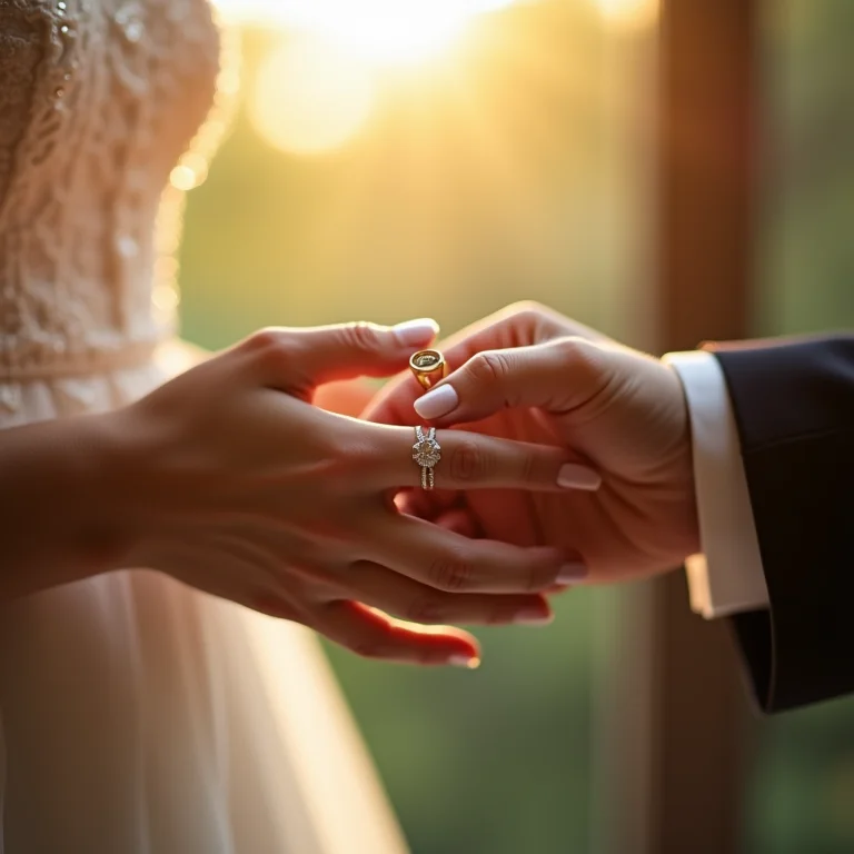 Detalhe das mãos trocando alianças em casamento fine art