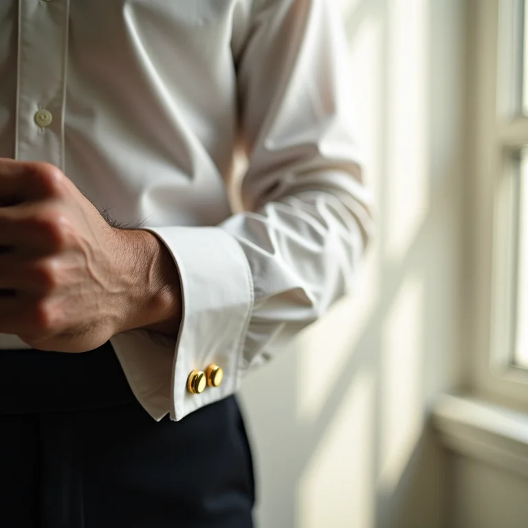 Detalhe de abotoaduras minimalistas em camisa branca para traje esporte fino