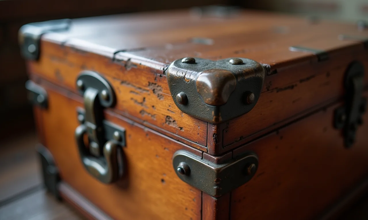 Detalhe de caixa de madeira antiga com textura rica e ferragens vintage.