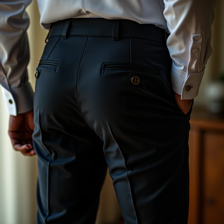 Detalhe de calças bem ajustadas em traje esporte fino masculino