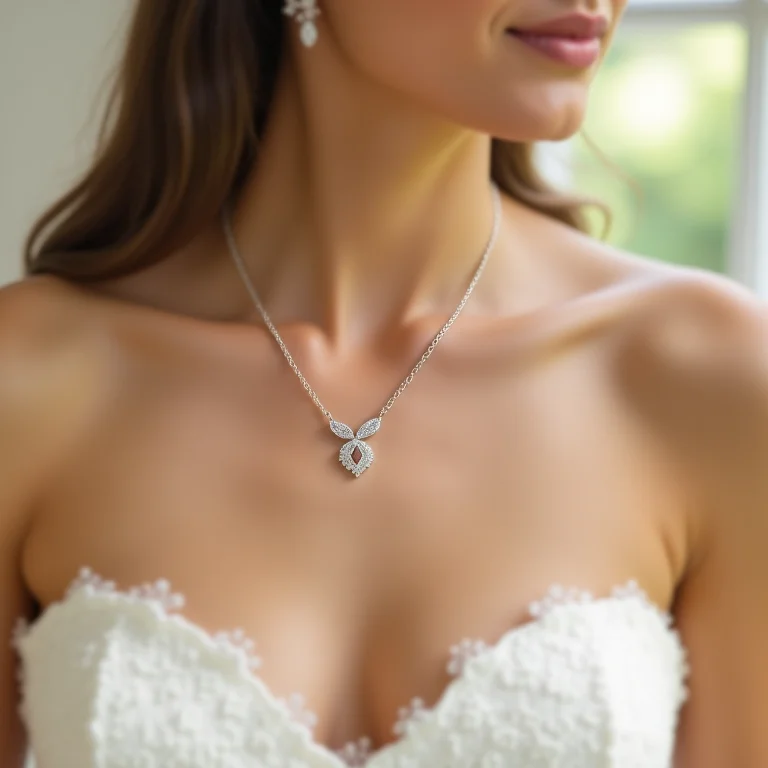 Detalhe de decote tomara que caia com colar de diamantes