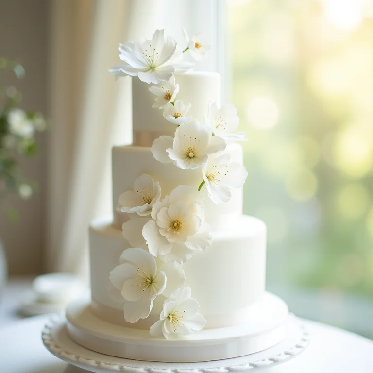 Detalhe de flores de açúcar em bolo de casamento branco.