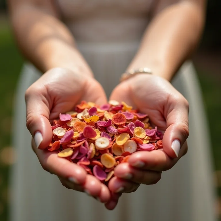 Detalhe de mãos segurando confetes biodegradáveis de pétalas secas.