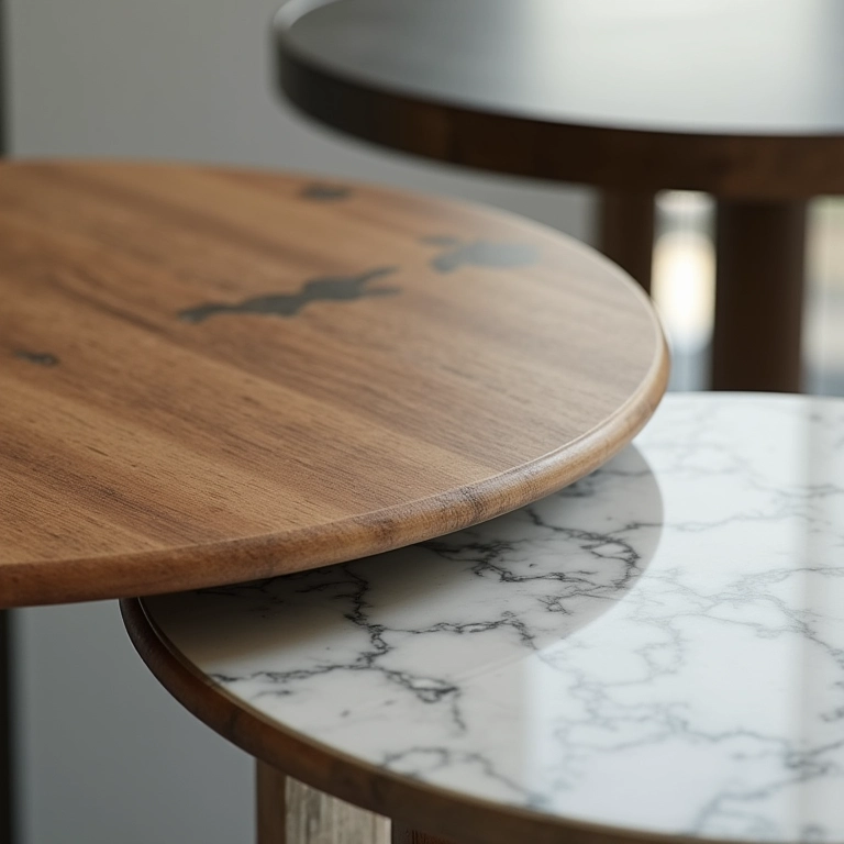 Detalhe de materiais para mesas laterais: madeira, metal, vidro, mármore.