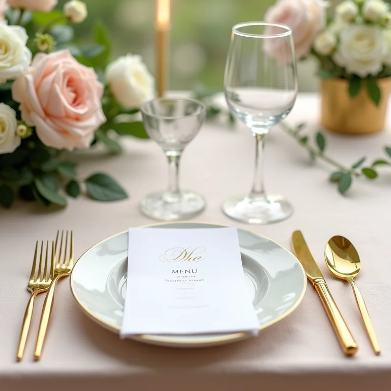 Detalhe de mesa posta elegante com louça fina e talheres dourados.