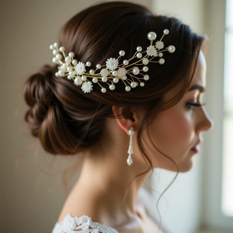 Detalhe de penteado de noiva com flores e pérolas