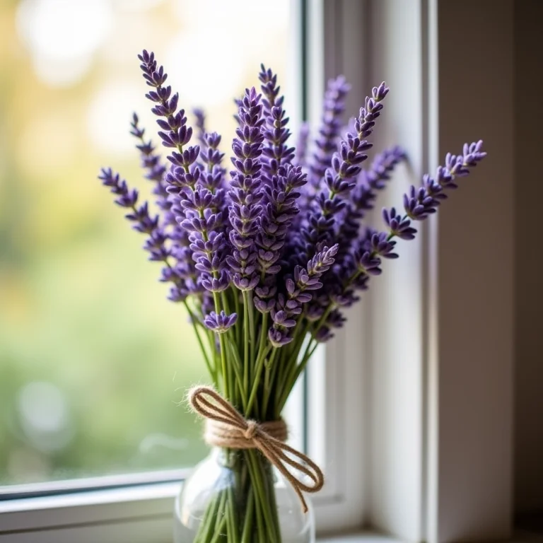 Detalhe de raminhos de lavanda amarrados com barbante.