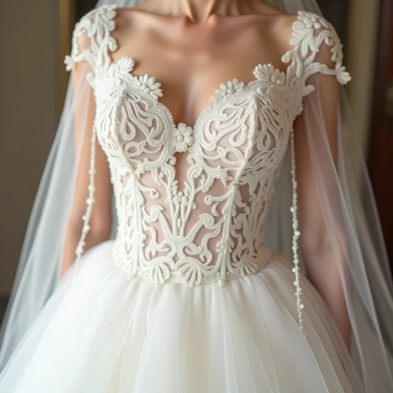 Detalhe de renda e bordado em vestido de noiva romântico