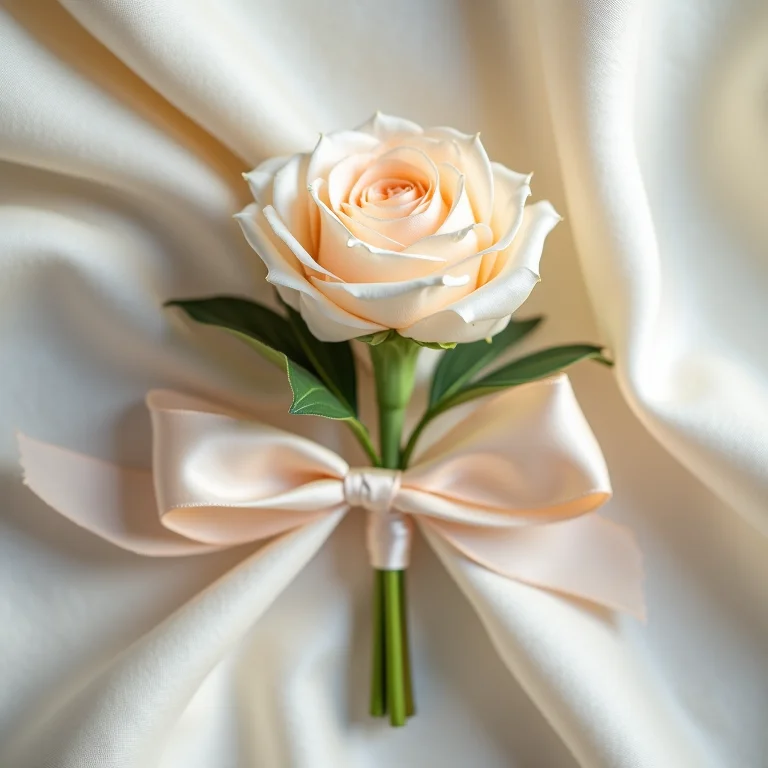 Detalhe de um buquê com uma flor e fita de seda.