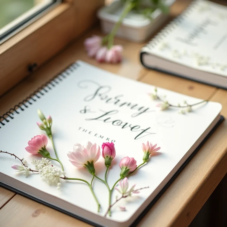 Detalhe de um caderno de planejamento de casamento com caligrafia elegante e flores prensadas.
