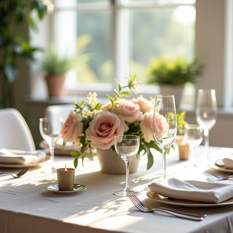 Detalhe de um centro de mesa elegante em uma mesa retangular.