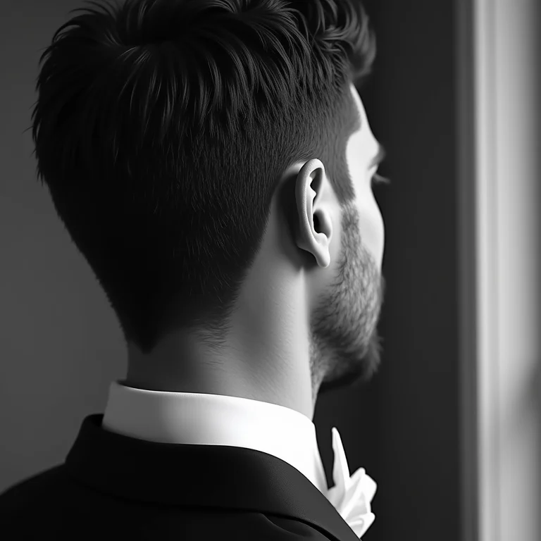 Detalhe de um penteado clássico de noivo em preto e branco.