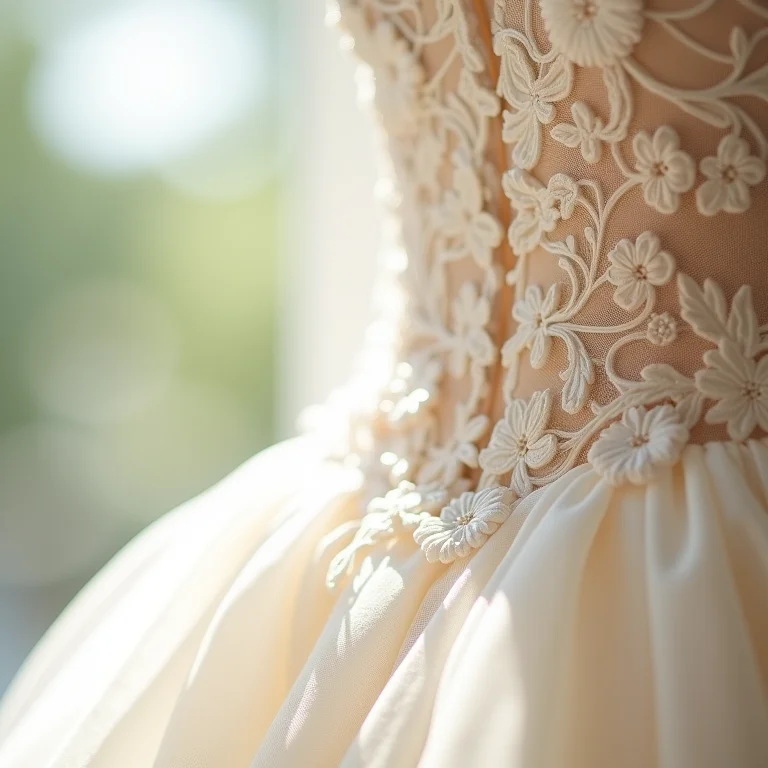 Detalhe de um vestido de noiva com aplicações florais 3D.