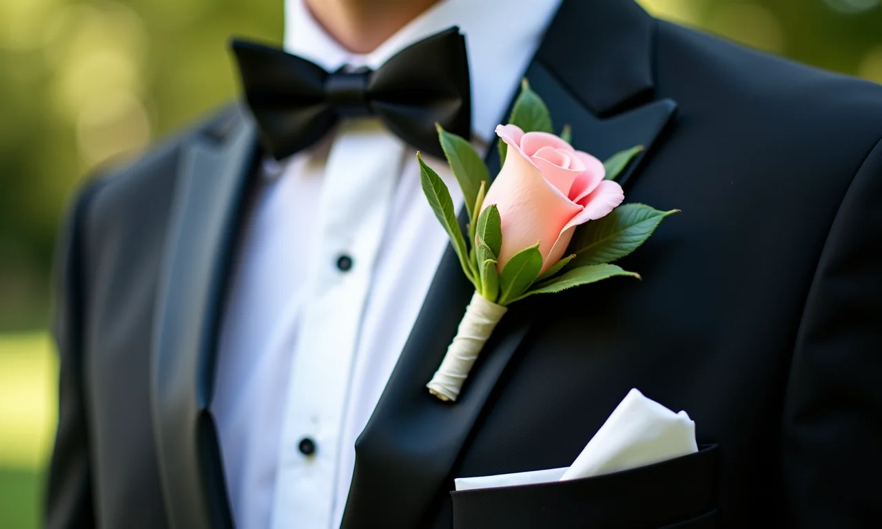 Detalhe do boutonnière na lapela do noivo.